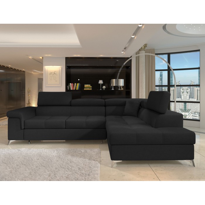 Canapé d’angle convertible PALAZZO 4 places noir – angle droit avec 1 coussin 