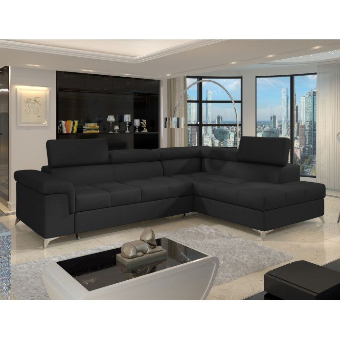 Canapé d’angle convertible PALAZZO 4 places noir – angle droit avec 1 coussin 