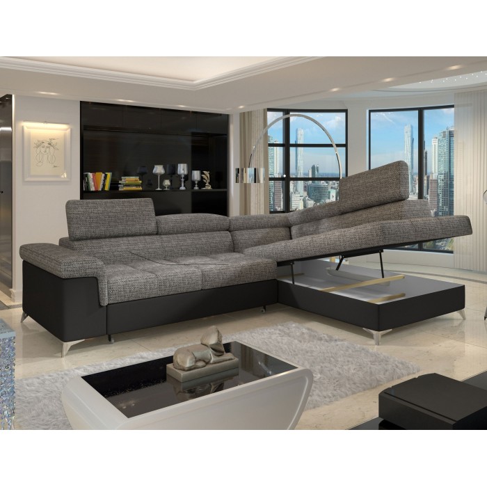 Canapé d’angle convertible PALAZZO 4 places gris et noir – angle droit avec 1 coussin 