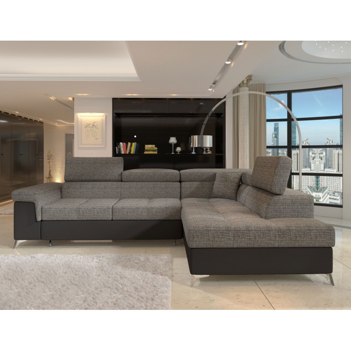 Canapé d’angle convertible PALAZZO 4 places gris et noir – angle droit avec 1 coussin 