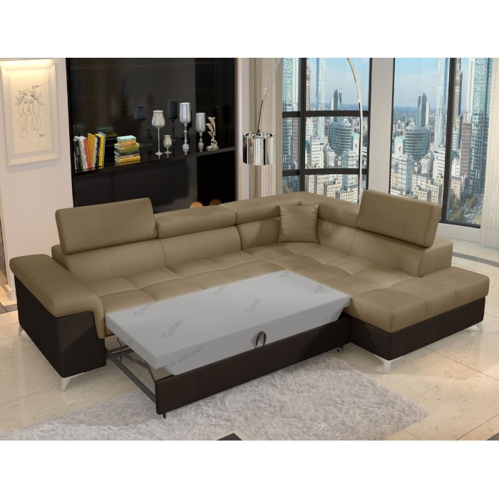 Canapé d’angle convertible PALAZZO 4 places marron clair et foncé – angle droit avec 1 coussin 