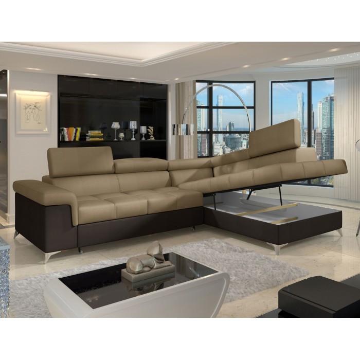 Canapé d’angle convertible PALAZZO 4 places marron clair et foncé – angle droit avec 1 coussin 