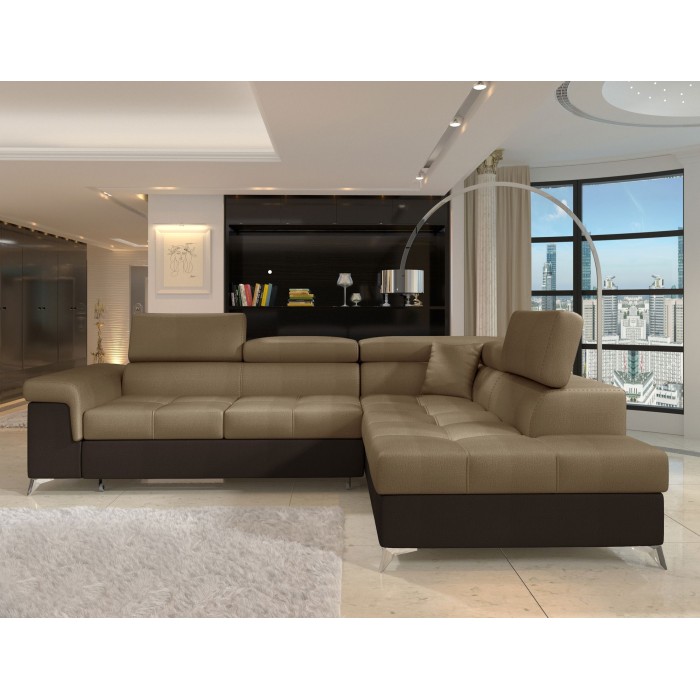 Canapé d’angle convertible PALAZZO 4 places marron clair et foncé – angle droit avec 1 coussin 