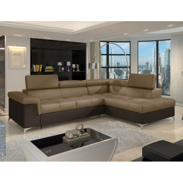 Canapé d’angle convertible PALAZZO 4 places marron clair et foncé – angle droit avec 1 coussin 