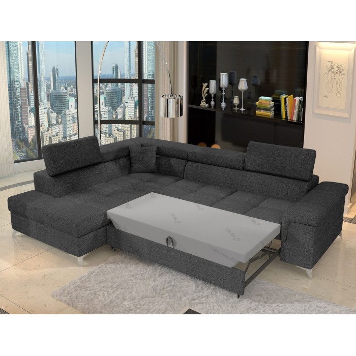 Canapé d’angle convertible PALAZZO 4 places gris foncé – angle gauche avec 1 coussin 