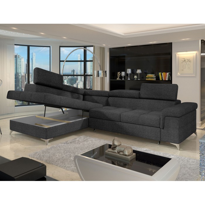 Canapé d’angle convertible PALAZZO 4 places gris foncé – angle gauche avec 1 coussin 