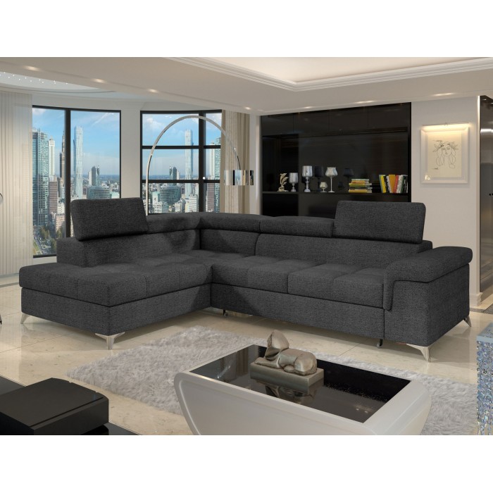 Canapé d’angle convertible PALAZZO 4 places gris foncé – angle gauche avec 1 coussin 