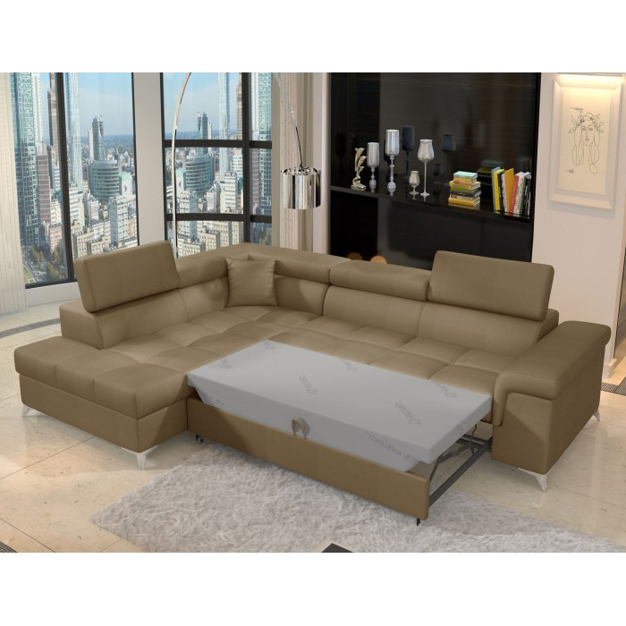 Canapé d’angle convertible PALAZZO 4 places marron – angle gauche avec 1 coussin 