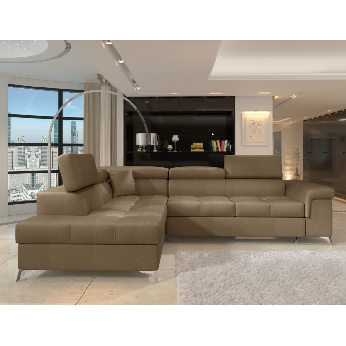 Canapé d’angle convertible PALAZZO 4 places marron – angle gauche avec 1 coussin 