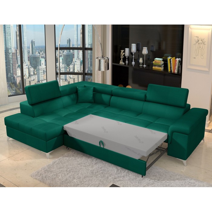 Canapé d’angle convertible PALAZZO 4 places vert foncé – angle gauche avec 1 coussin 