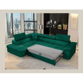 Canapé d’angle convertible PALAZZO 4 places vert foncé – angle gauche avec 1 coussin 