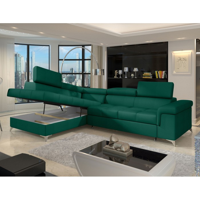 Canapé d’angle convertible PALAZZO 4 places vert foncé – angle gauche avec 1 coussin 