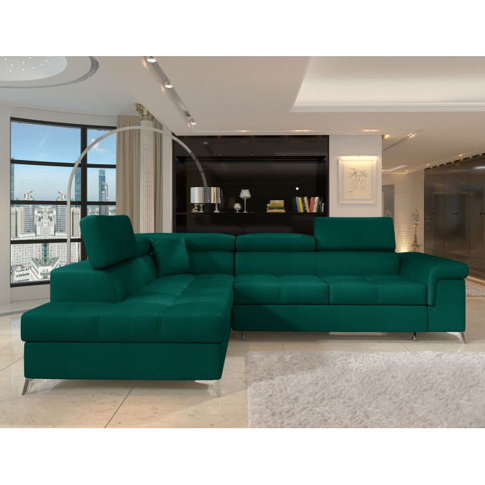 Canapé d’angle convertible PALAZZO 4 places vert foncé – angle gauche avec 1 coussin 