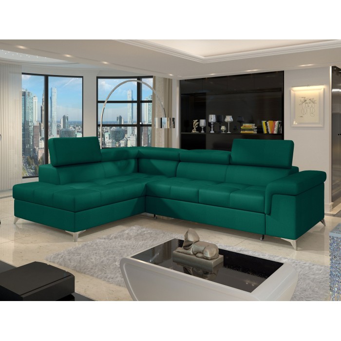 Canapé d’angle convertible PALAZZO 4 places vert foncé – angle gauche avec 1 coussin 
