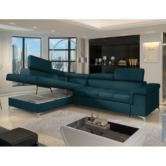 Canapé d’angle convertible PALAZZO 4 places bleu foncé – angle gauche avec 1 coussin 