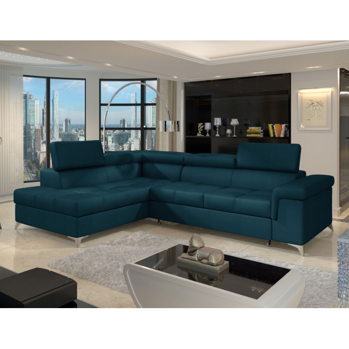 Canapé d’angle convertible PALAZZO 4 places bleu foncé – angle gauche avec 1 coussin 