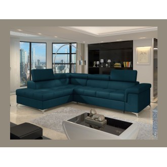 Canapé d’angle convertible PALAZZO 4 places bleu foncé – angle gauche avec 1 coussin 