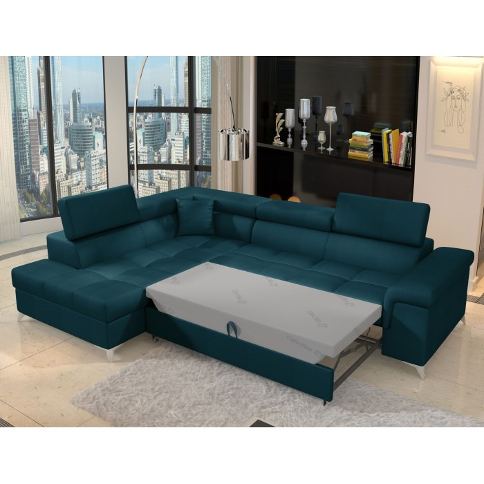 Canapé d’angle convertible PALAZZO 4 places bleu foncé – angle gauche avec 1 coussin 