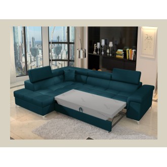 Canapé d’angle convertible PALAZZO 4 places bleu foncé – angle gauche avec 1 coussin 