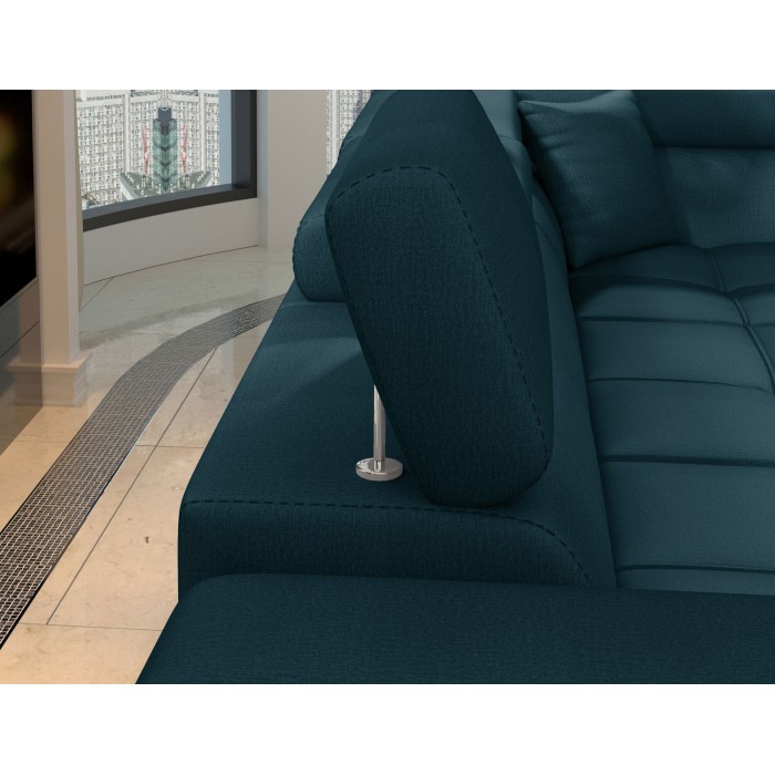 Canapé d’angle convertible PALAZZO 4 places bleu foncé – angle gauche avec 1 coussin 