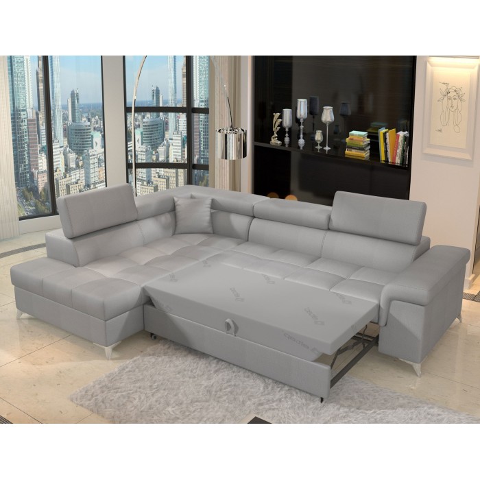 Canapé d’angle convertible PALAZZO 4 places gris clair – angle gauche avec 1 coussin 