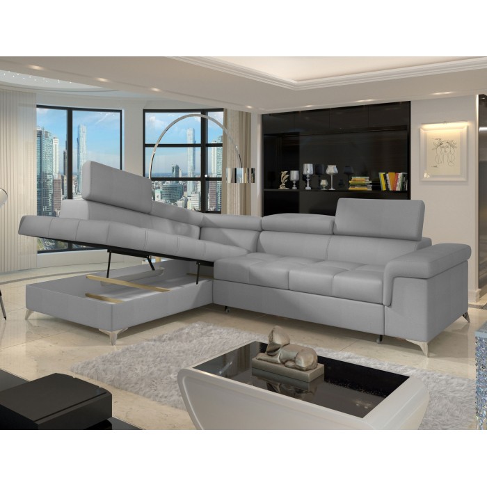 Canapé d’angle convertible PALAZZO 4 places gris clair – angle gauche avec 1 coussin 