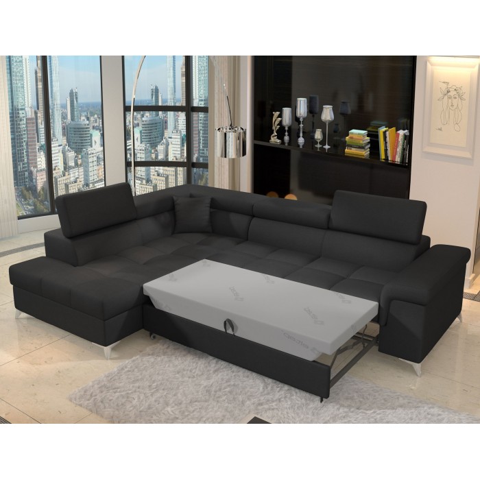 Canapé d’angle convertible PALAZZO 4 places noir – angle gauche avec 1 coussin 