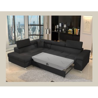 Canapé d’angle convertible PALAZZO 4 places noir – angle gauche avec 1 coussin 