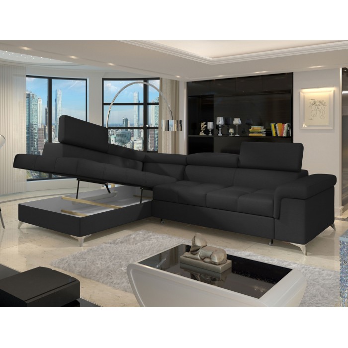 Canapé d’angle convertible PALAZZO 4 places noir – angle gauche avec 1 coussin 