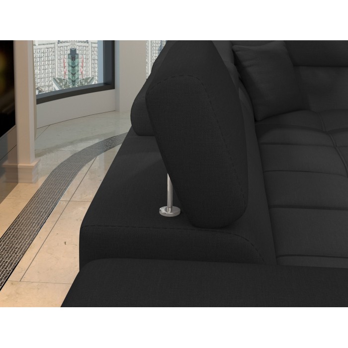 Canapé d’angle convertible PALAZZO 4 places noir – angle gauche avec 1 coussin 