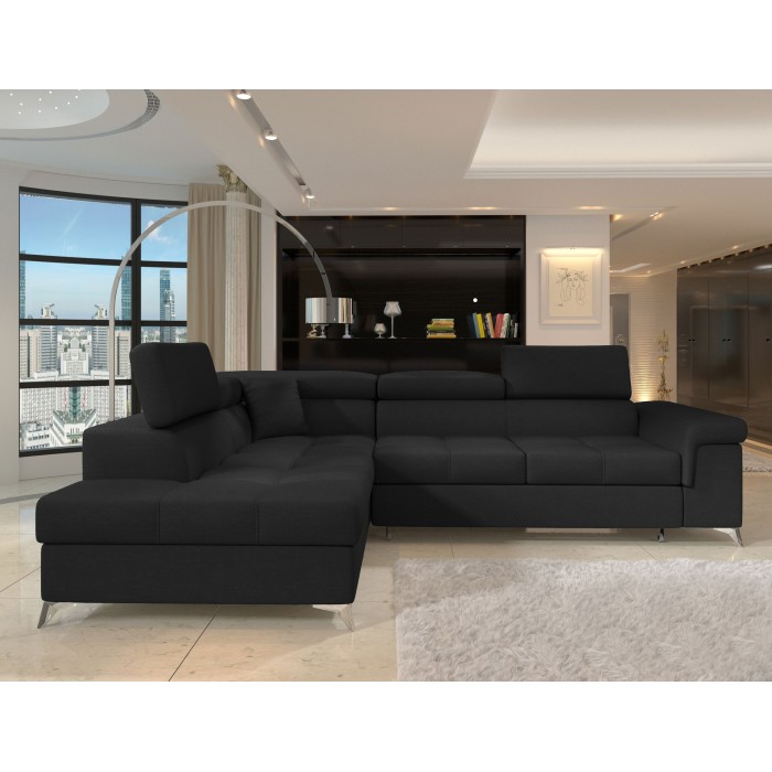 Canapé d’angle convertible PALAZZO 4 places noir – angle gauche avec 1 coussin 