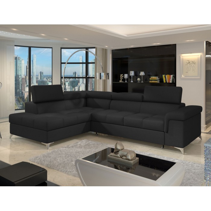 Canapé d’angle convertible PALAZZO 4 places noir – angle gauche avec 1 coussin 