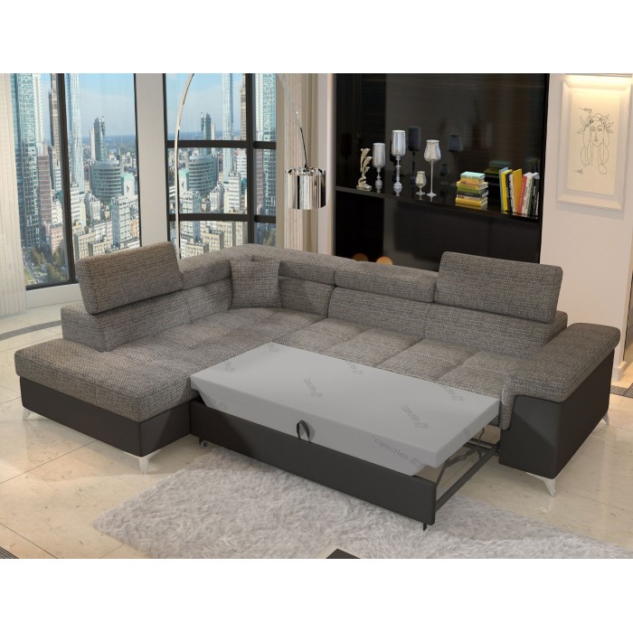 Canapé d’angle convertible PALAZZO 4 places gris et noir – angle gauche avec 1 coussin 