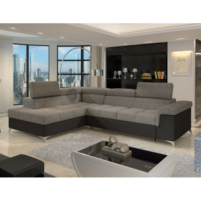 Canapé d’angle convertible PALAZZO 4 places gris et noir – angle gauche avec 1 coussin 