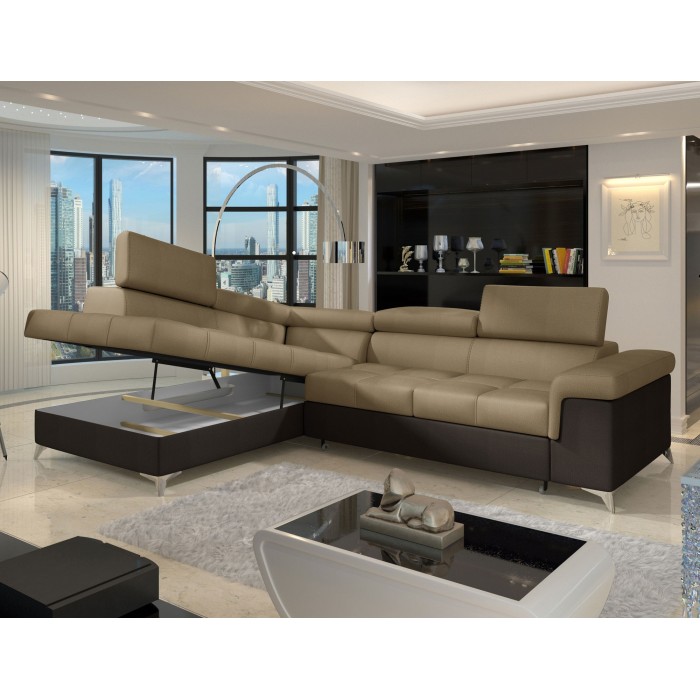 Canapé d’angle convertible PALAZZO 4 places marron clair et foncé – angle gauche avec 1 coussin 