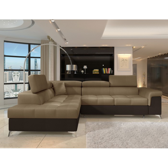 Canapé d’angle convertible PALAZZO 4 places marron clair et foncé – angle gauche avec 1 coussin 