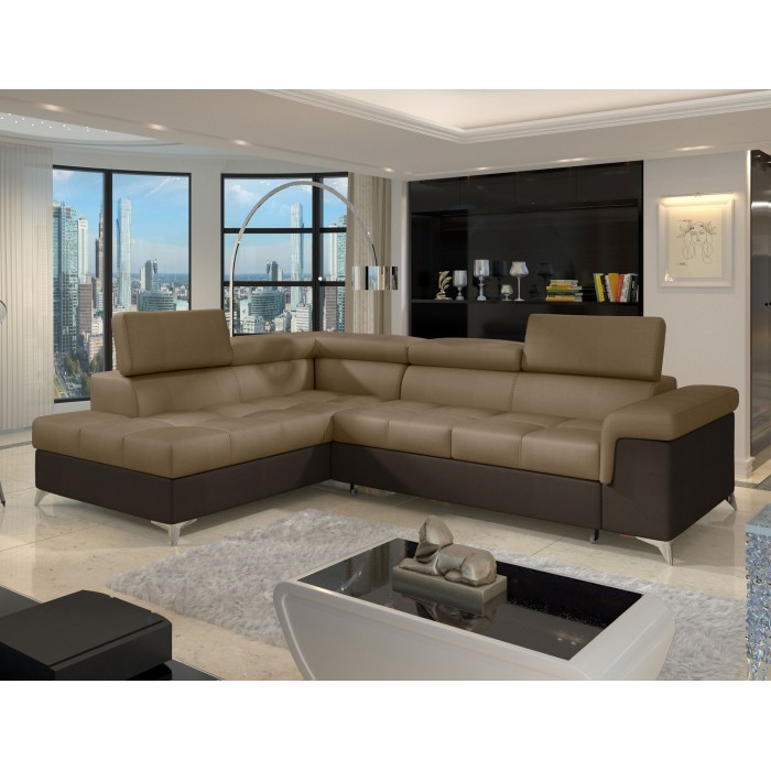 Canapé d’angle convertible PALAZZO 4 places marron clair et foncé – angle gauche avec 1 coussin 