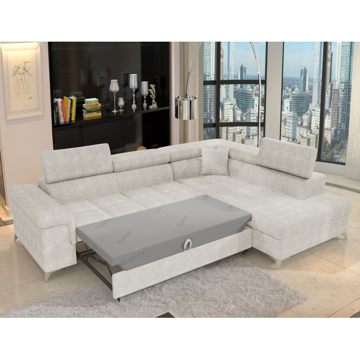 Canapé d’angle convertible PALAZZO 4 places beige – angle droit avec coffre 