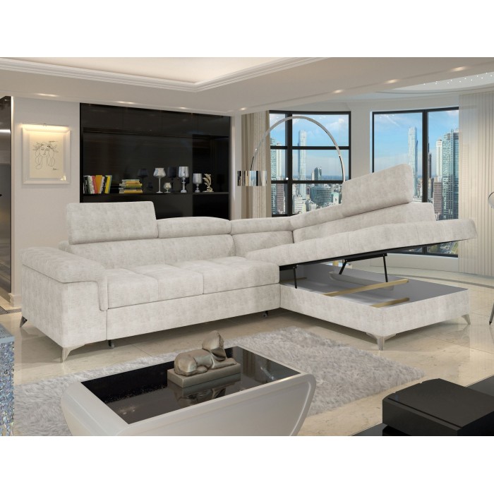 Canapé d’angle convertible PALAZZO 4 places beige – angle droit avec coffre 