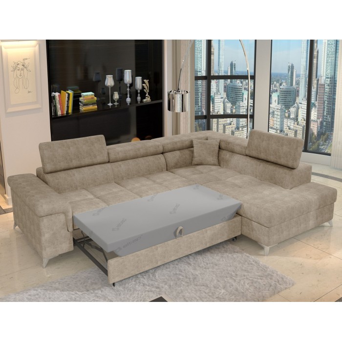 Canapé d’angle convertible PALAZZO 4 places beige – angle droit avec coffre 