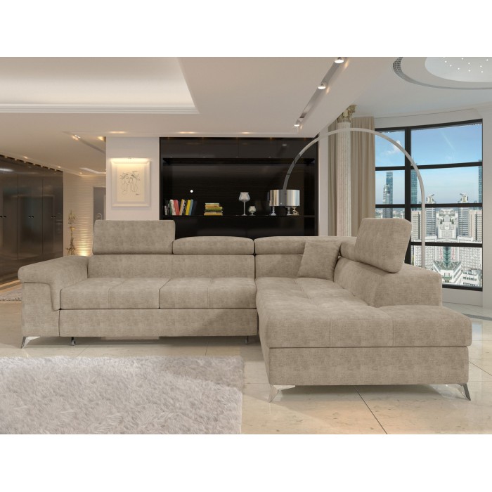 Canapé d’angle convertible PALAZZO 4 places beige – angle droit avec coffre 