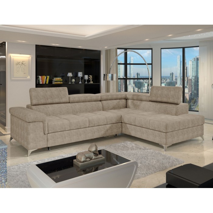 Canapé d’angle convertible PALAZZO 4 places beige – angle droit avec coffre 