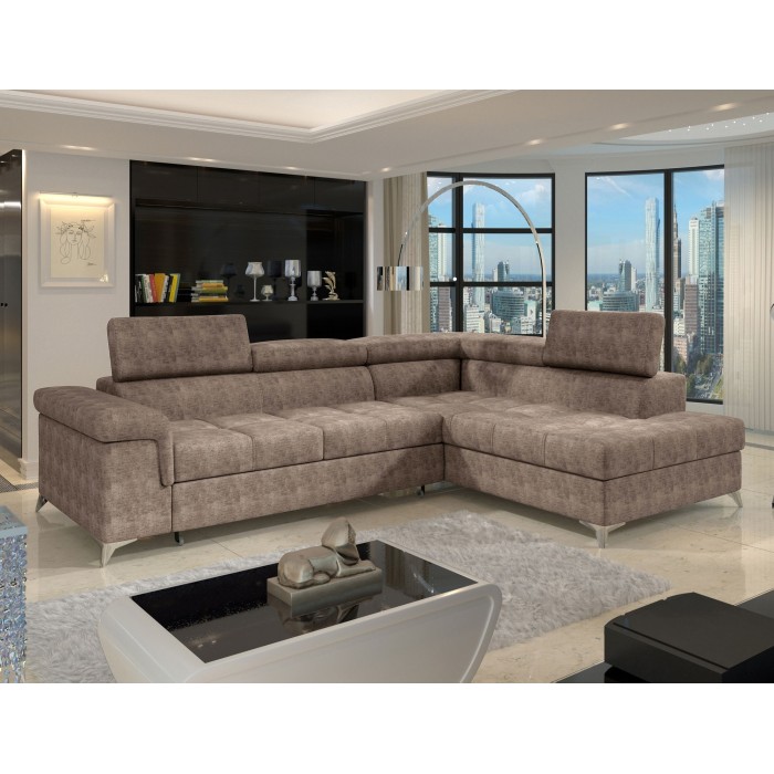 Canapé d’angle convertible PALAZZO 4 places marron – angle droit avec coffre 