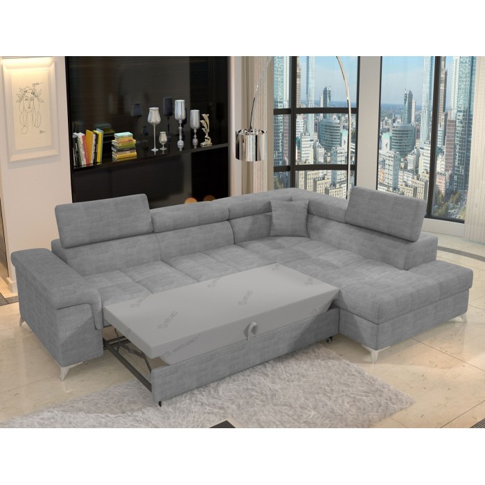 Canapé d’angle convertible PALAZZO 4 places gris – angle droit avec coffre 