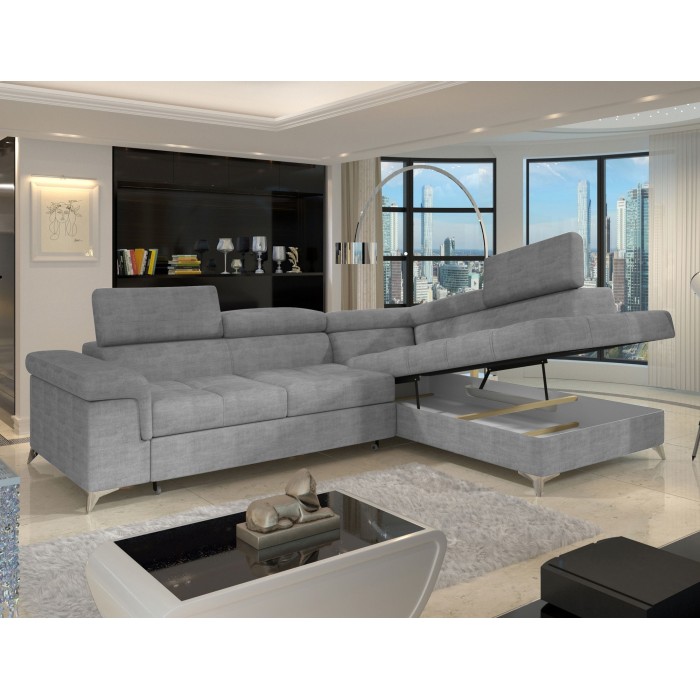 Canapé d’angle convertible PALAZZO 4 places gris – angle droit avec coffre 