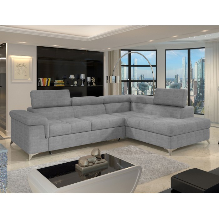 Canapé d’angle convertible PALAZZO 4 places gris – angle droit avec coffre 