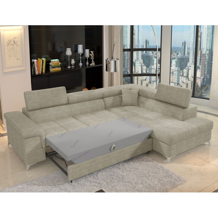 Canapé d’angle convertible PALAZZO 4 places beige – angle droit avec coffre 