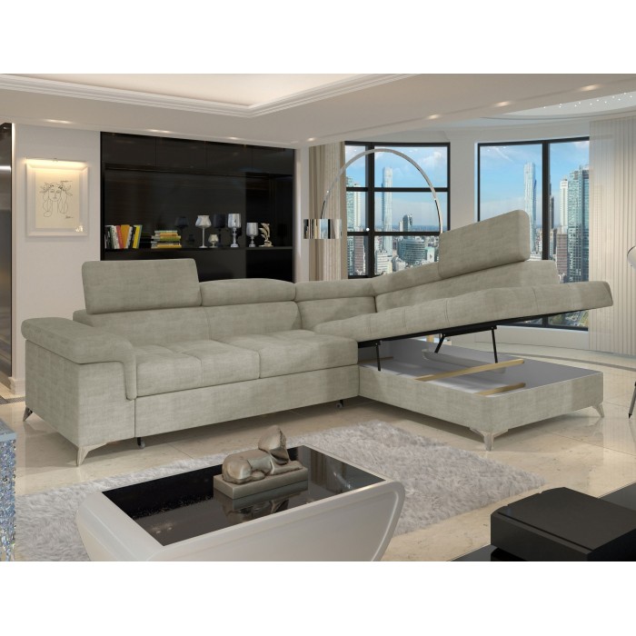 Canapé d’angle convertible PALAZZO 4 places beige – angle droit avec coffre 