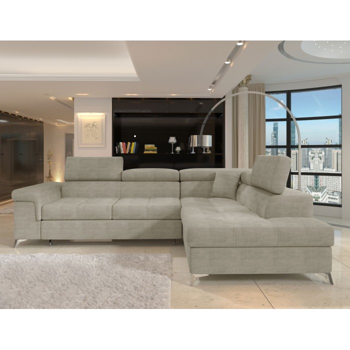 Canapé d’angle convertible PALAZZO 4 places beige – angle droit avec coffre 