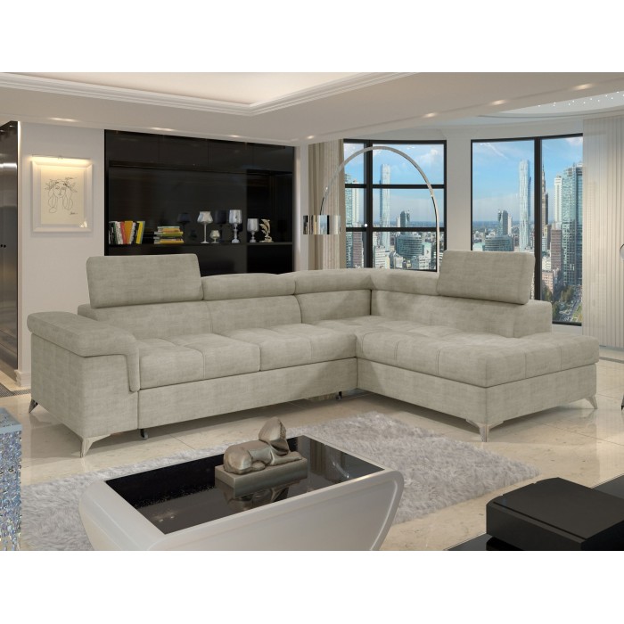 Canapé d’angle convertible PALAZZO 4 places beige – angle droit avec coffre 